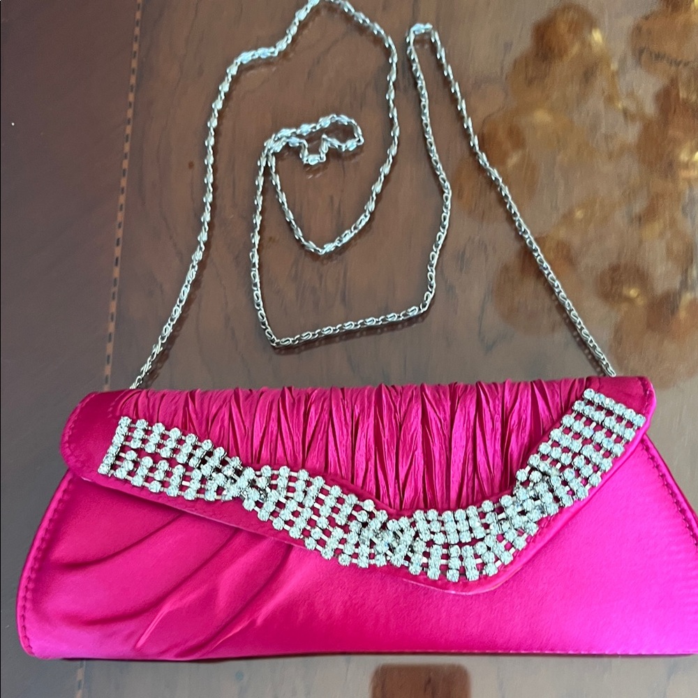 Vintage NWOT Chic Fuchsia Clutch with Rhinestone Accent and cross body chain